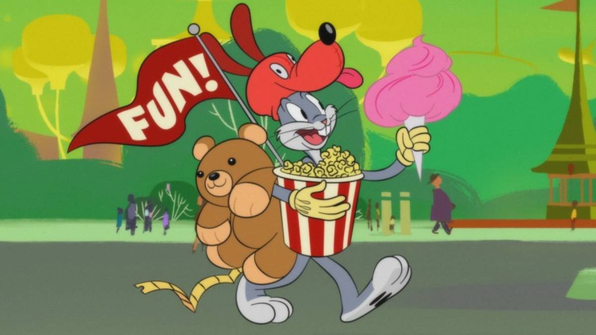 pernalonga cheio de comidas e itens em um parque de diversões no desenho looney tunes cartoons