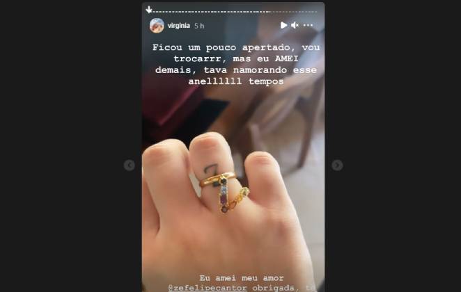 stories do instagram de virginia fonseca mostrando anel recebido de presente de zé felipe pelo dia dos namorados
