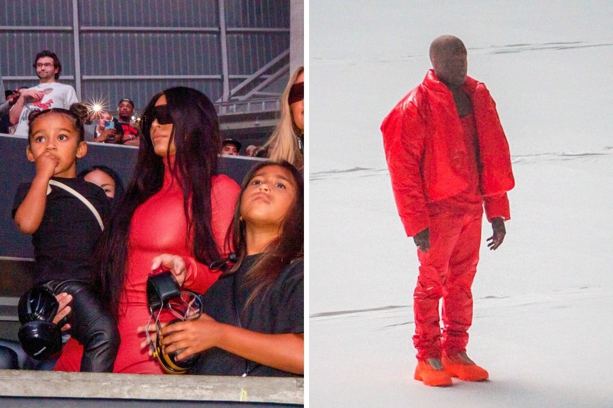 Kim Kardashian prestigia evento de Kanye West com os filhos