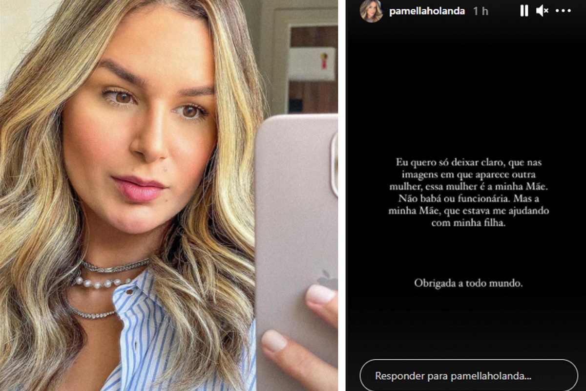 Pamella Holanda segurando um celular fotomontagem com post escrito por ela