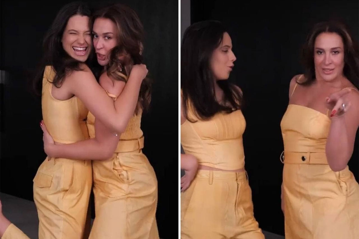 Claudia Raia e Sophia, de roupa amarela, abraçadas depois de dancinha
