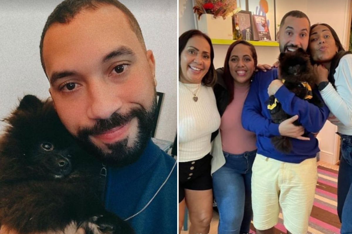 Fotomontagem com selfie de Gil e foto com a família e a cachorrinha