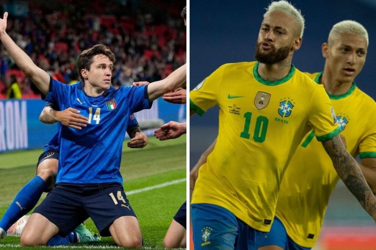 Jogadores da Itália e Neymar com Richarlison, do Brasil