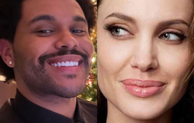 The Weeknd sorridente e Angelina Jolie olhando de lado