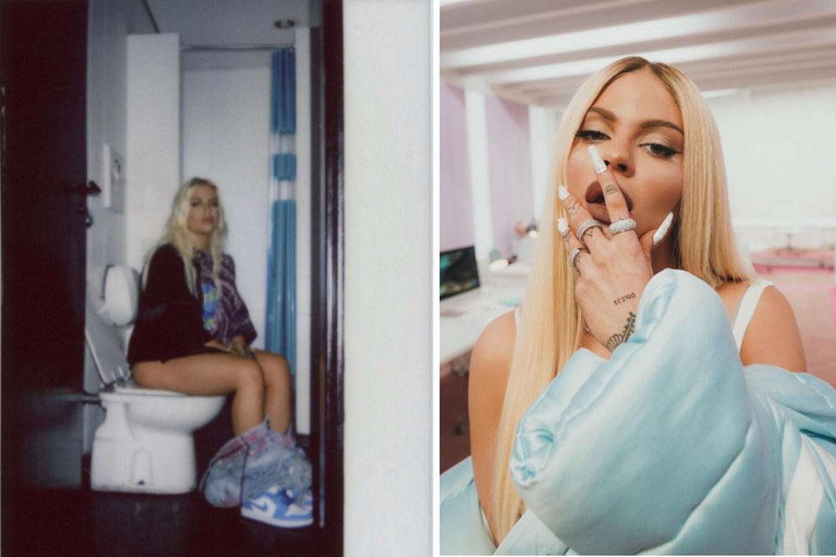 Luísa Sonza fotomontagem sentada em vaso sanitário e outra foto com figurino glamuroso