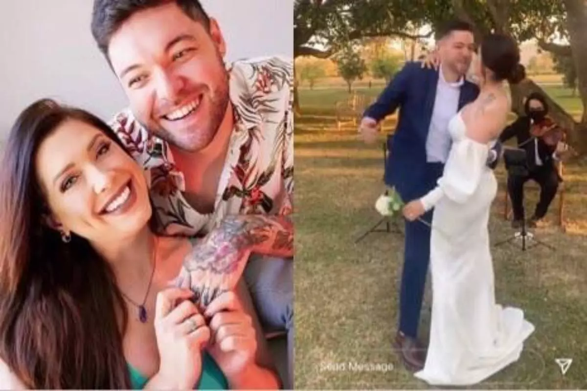 montagem com foto de andressa e nasser e registro do casamento