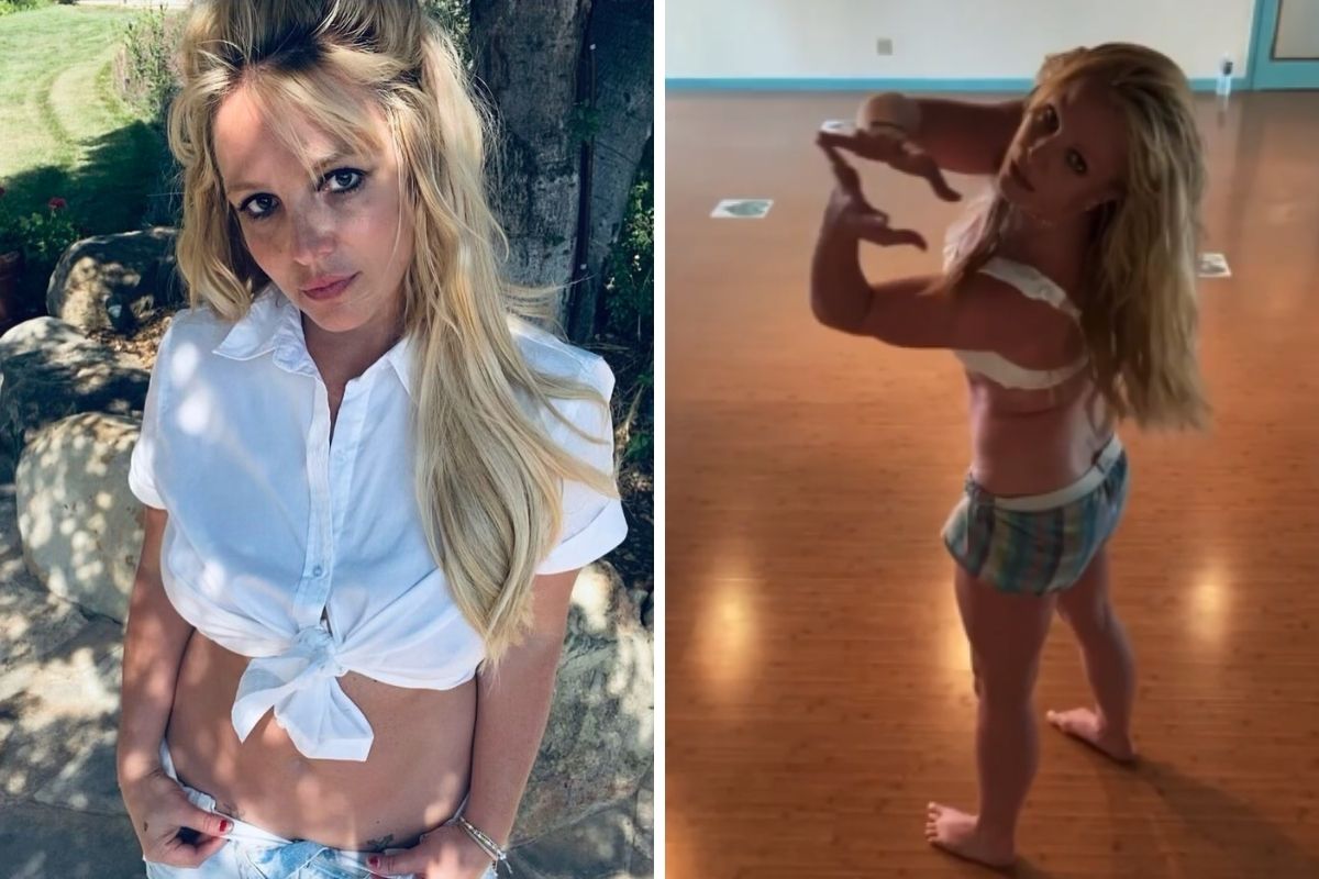 Britney Spears de camisa branca e dançando