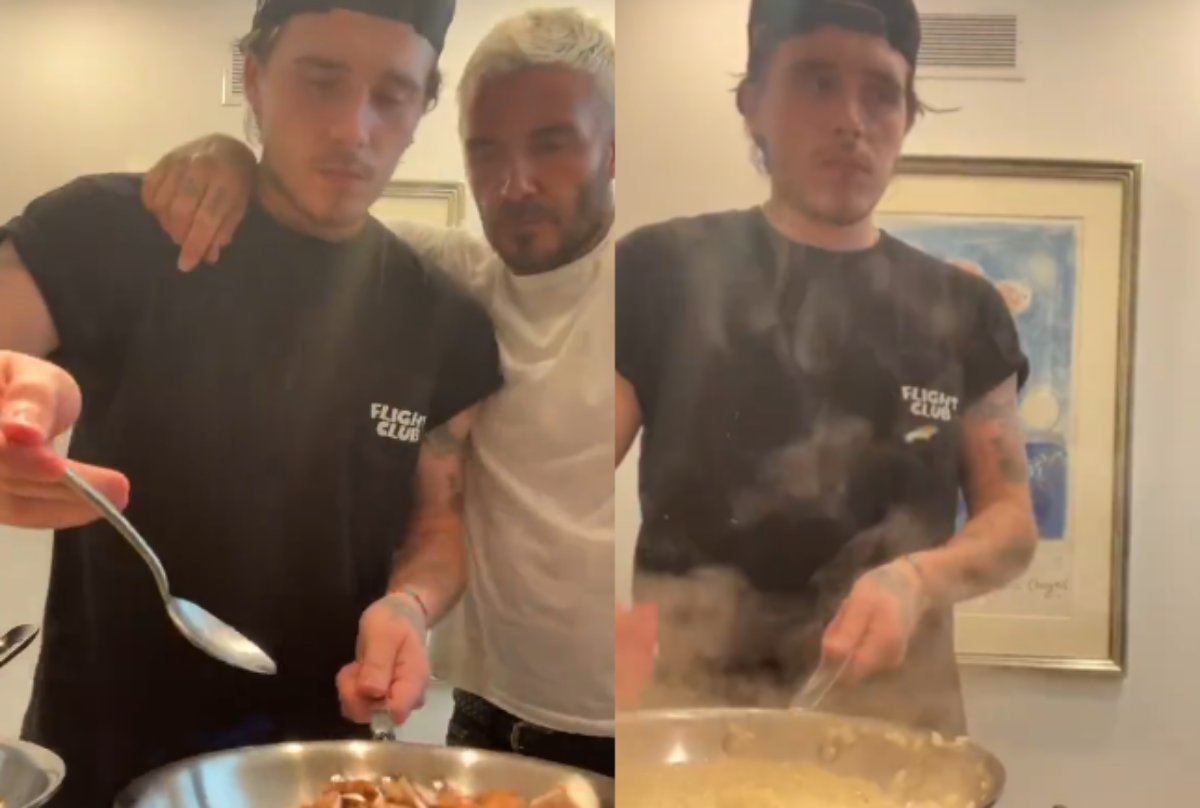 Brooklyn e David Beckham cozinhando juntos