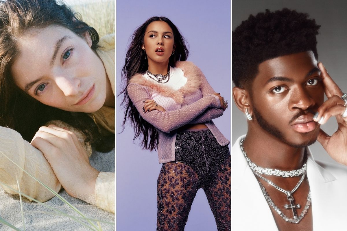 Lorde, Olivia Rodrigo e Lil Nas X em fotomontagem