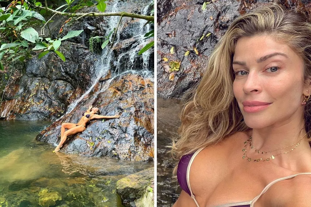 Grazi Massafera de biquíni curtindo a cachoeira