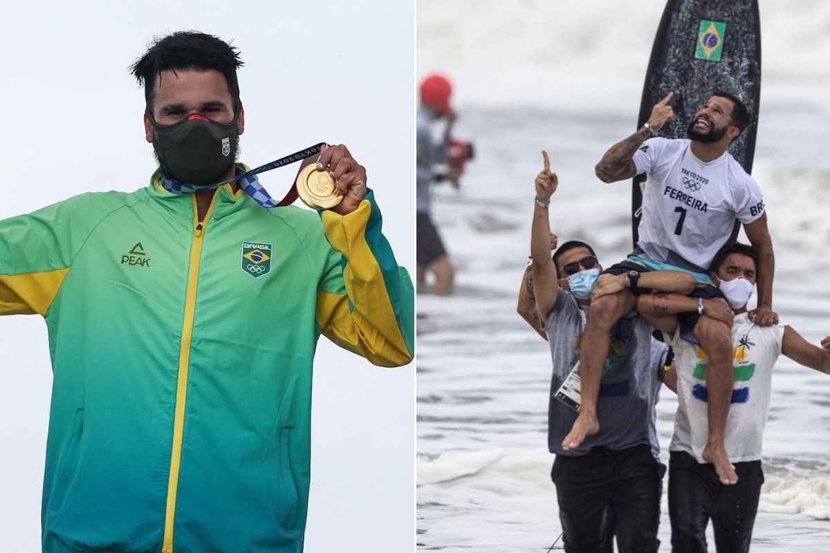 Ítalo Ferreira com medalha de ouro e saindo do mar carregado