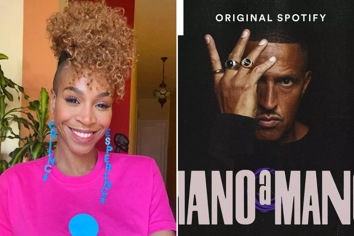 Montagem com fotos de Karol Conká e capa do podcast de Mano brown