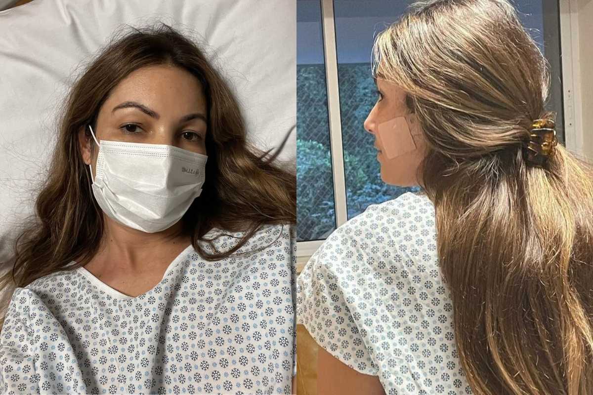 fotomontagem de fotos de patricia poeta no hospital apos passar por cirurgia de emergencia