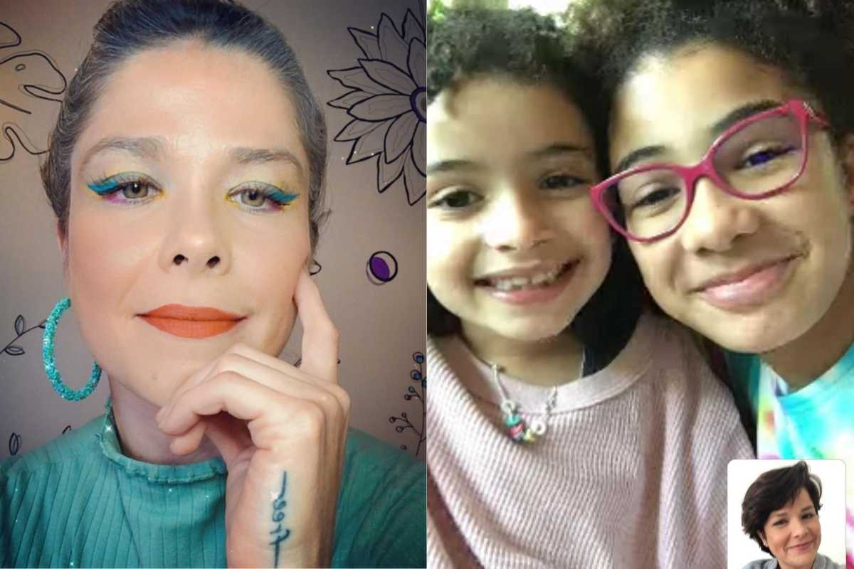 fotomontagem de samara felippo maquiada e filhas em uma chamada de vídeo