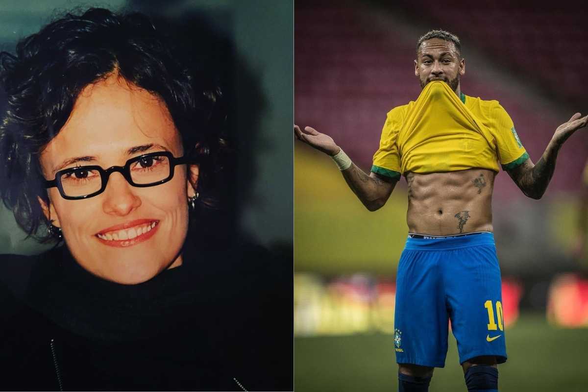 fotomontagem de zélia duncan sorrindo em foto de óculos e neymar mostrando a barriga em jogo do brasil