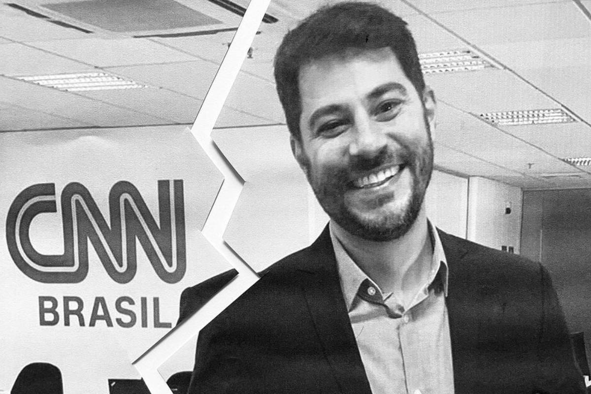 foto em preto e branco com uma rachadura separando o logo da cnn brasil e evaristo costa sorridente