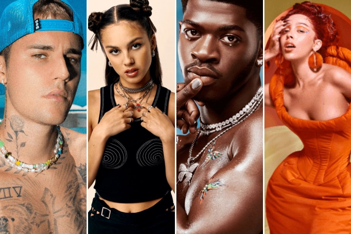 Fotomontagem com registro de Justin Bieber, Olivia Rodrigo, Lil Nas X e Doja Cat