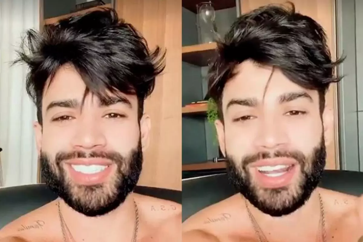 Gusttavo Lima sorridente e sem camisa exibe novo visual
