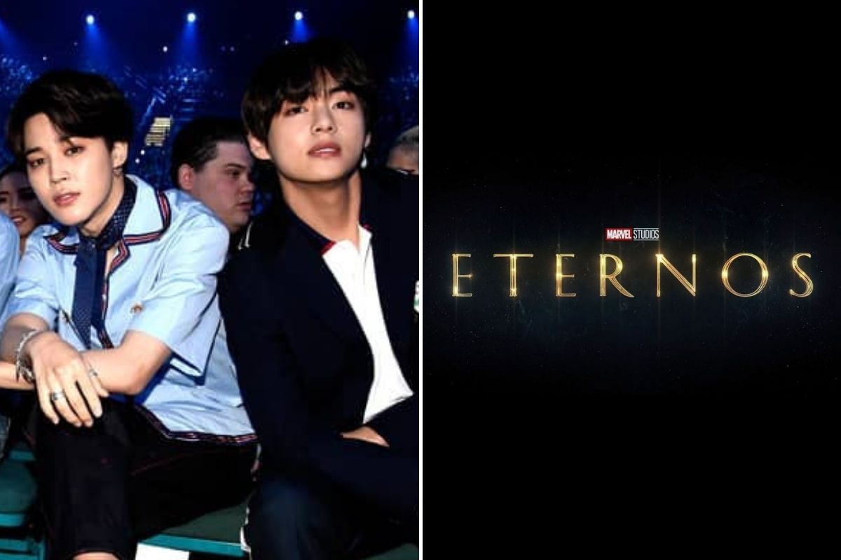 Fotomontagem com logo do filme 'Eternos' e imagem de Jimin e V, do BTS