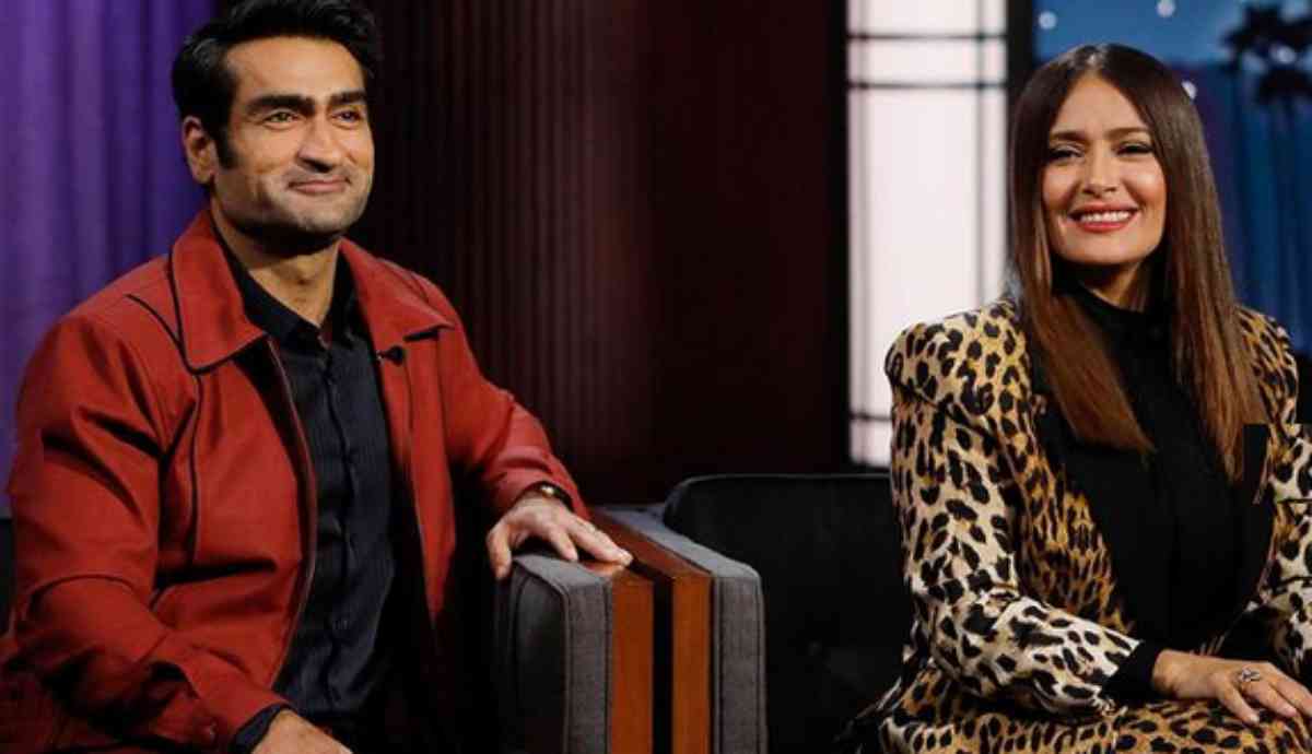 Kumail e Salma Hayek no programa de Jimmy Kimmel