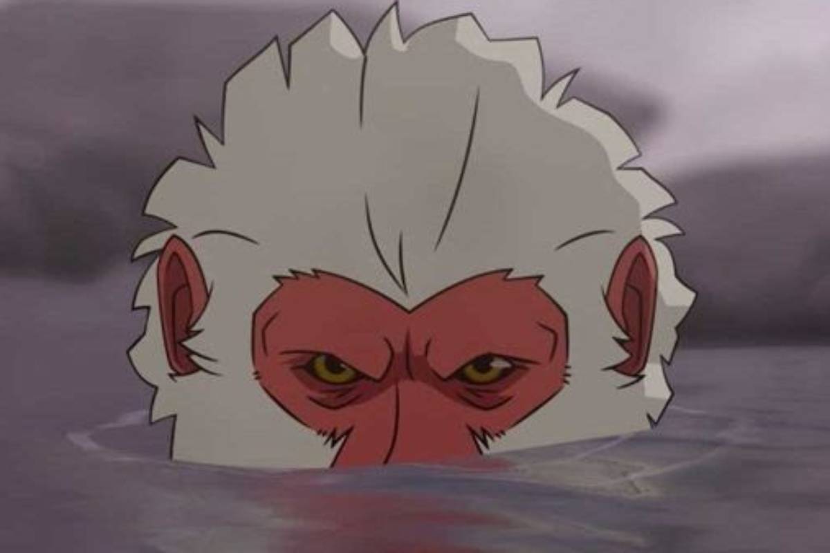 cena da animação hit monkey com protagonista na água espiando algo