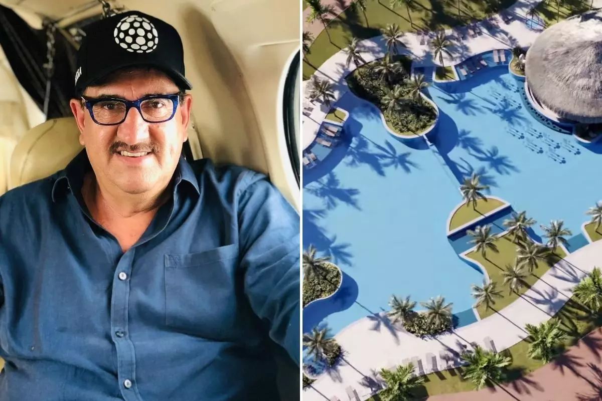 Selfie de Ratinho e imagem digital de resort em fotomontagem
