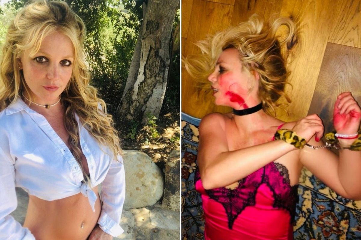 Fotomontagem com selfie de Britney Spears e ela fantasiada para o Halloween