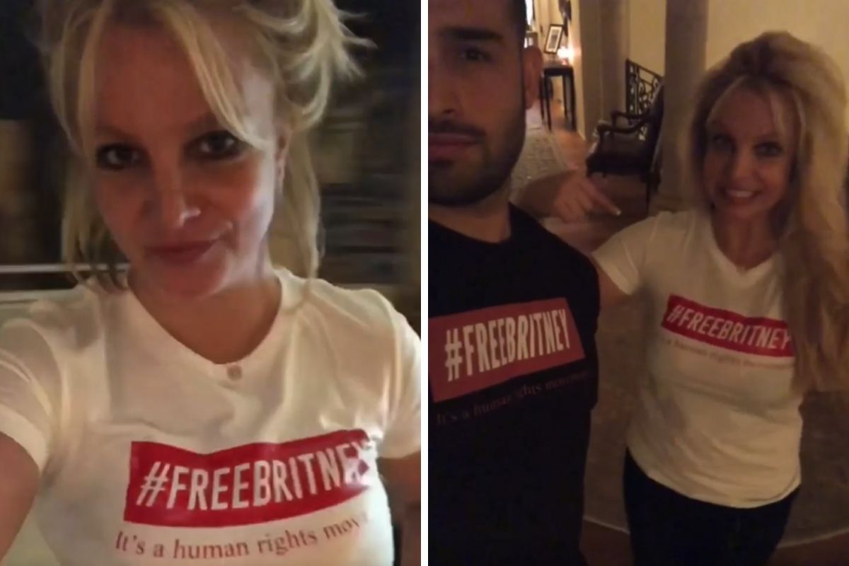 Britney Spears e o noivo com camisetas Free Britney