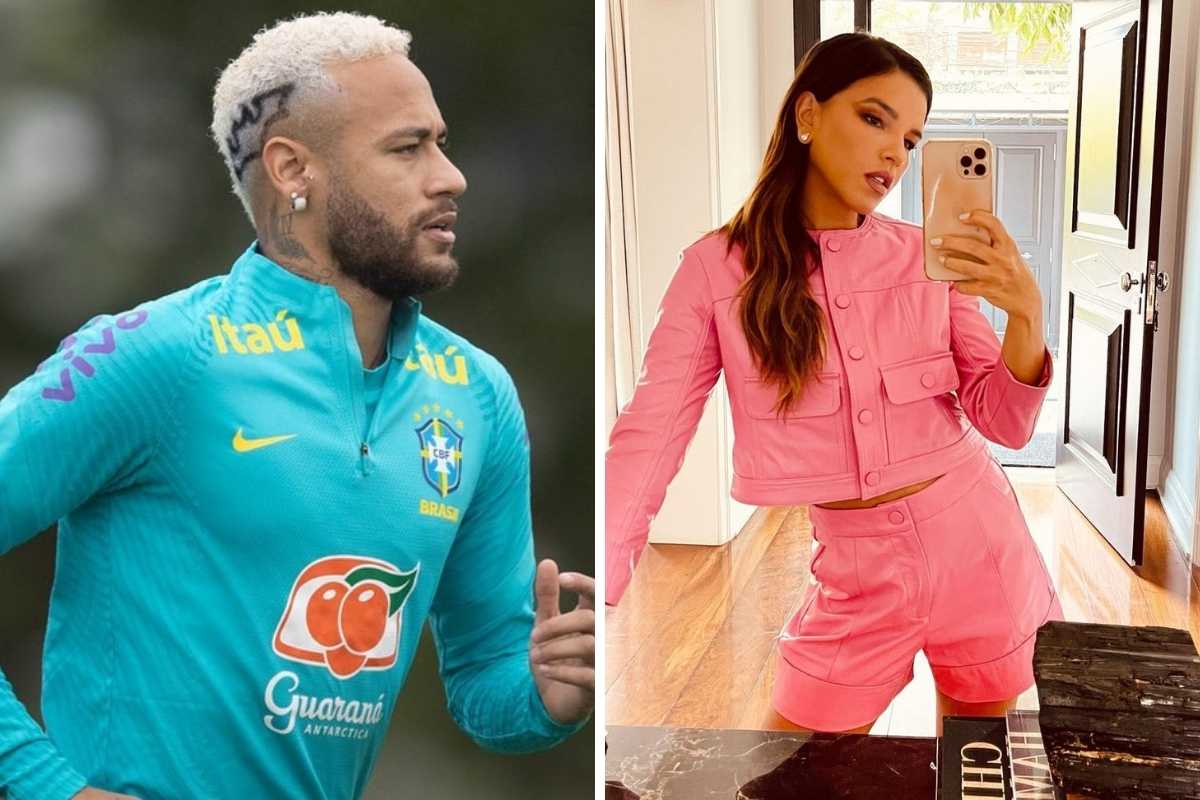 fotomontagem de neymar treinando e mariana rios tirando selfie com look rosa