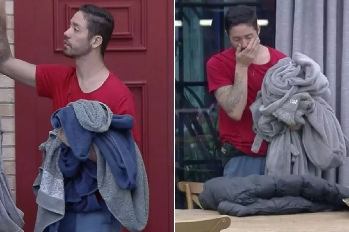 Rico Melquiades em fotomontagem encontrando o casaco esfaqueado em 'A Fazenda 13'