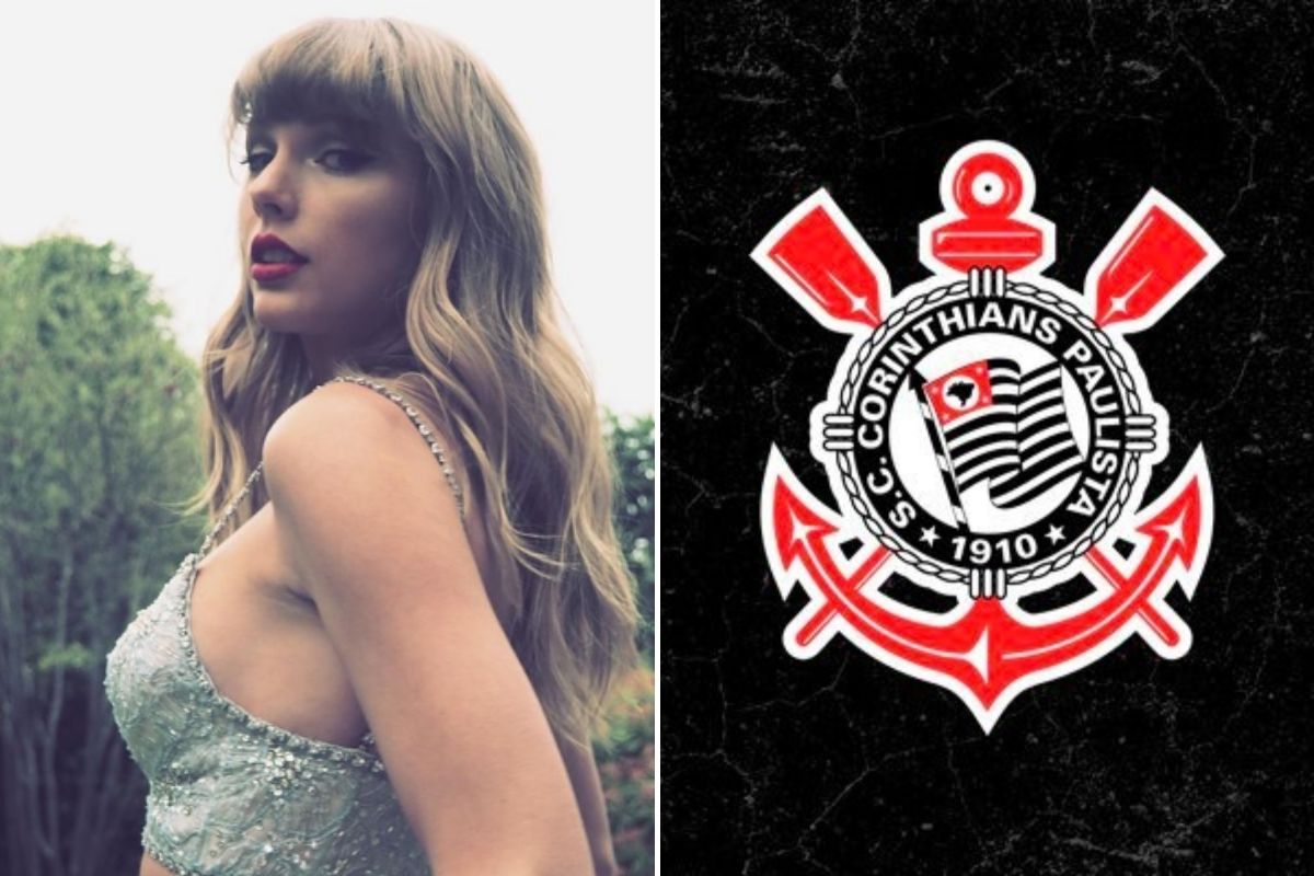 Taylor Swift, em foto, e brasão do Corinthians