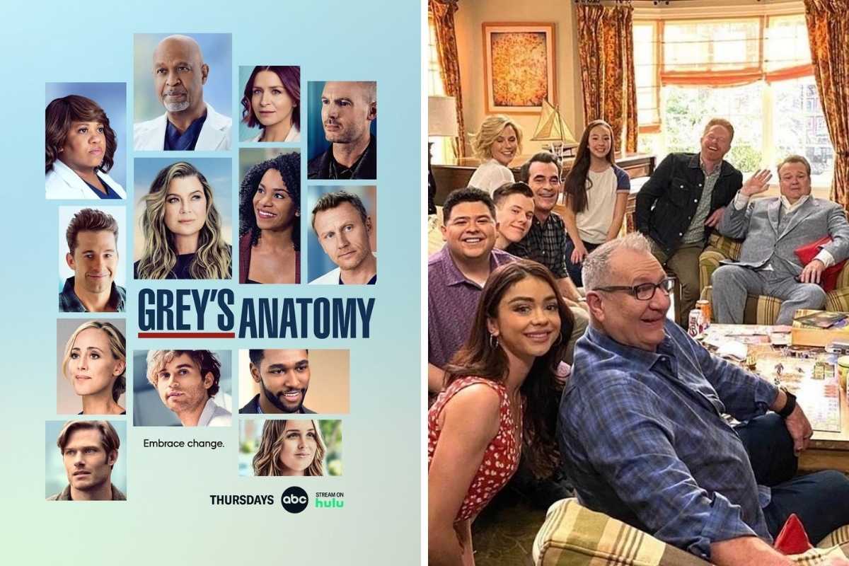 fotomontagem com cartaz de grey's anatomy e foto com elenco de modern family gravando última cena da série