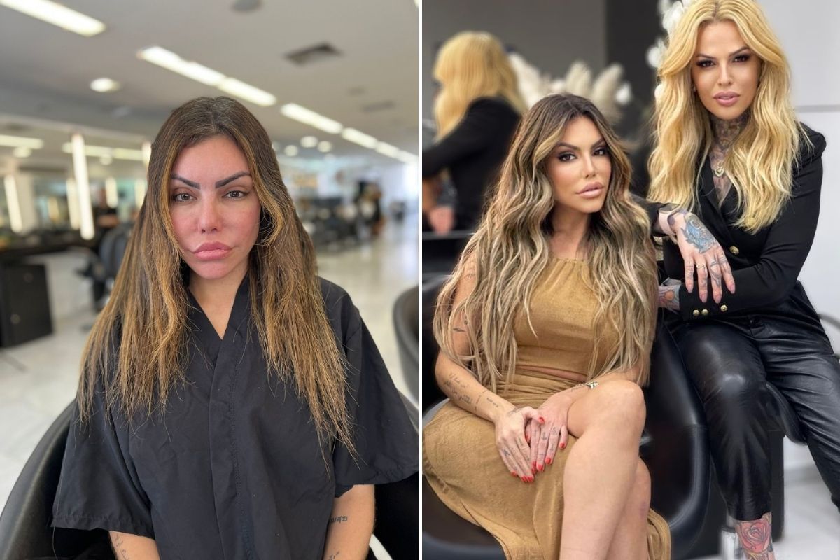 Fotomontagem com antes e depois de Liziane Gutierrez após mudança no cabelo