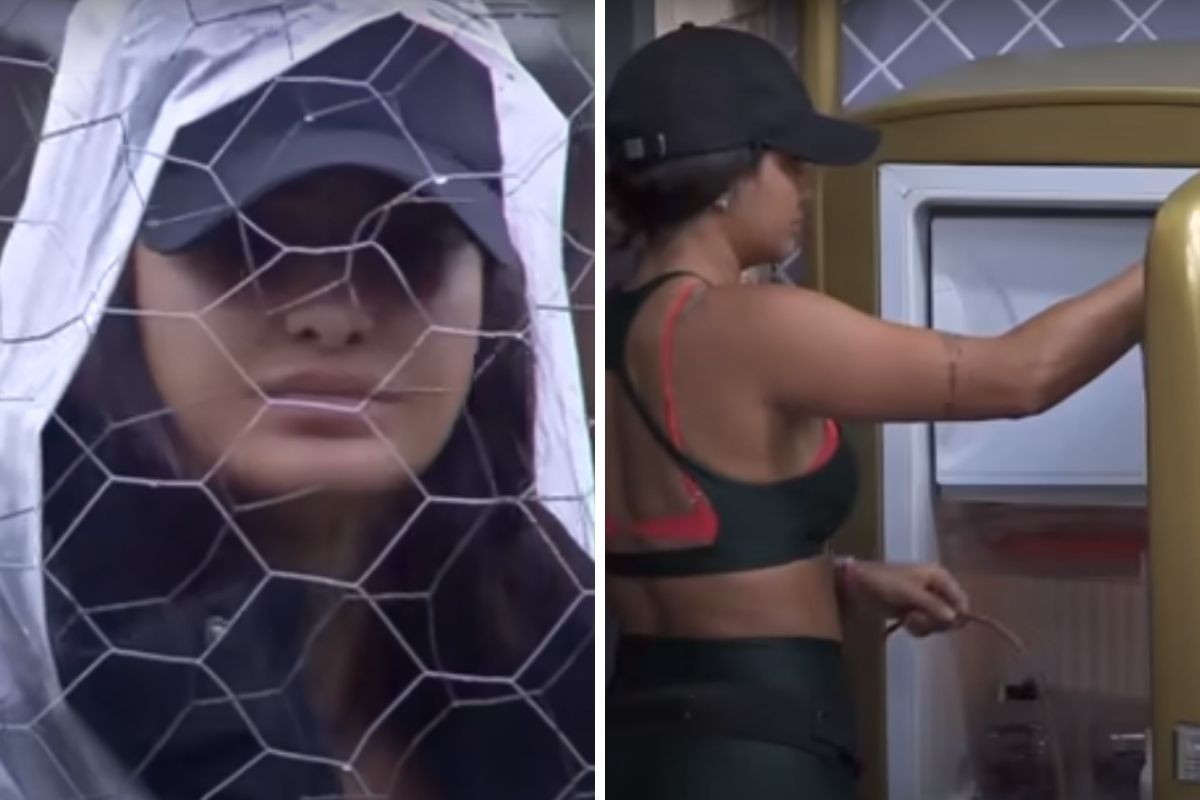 Marina Ferrari usando capa de chuva e escondendo ovos na geladeira