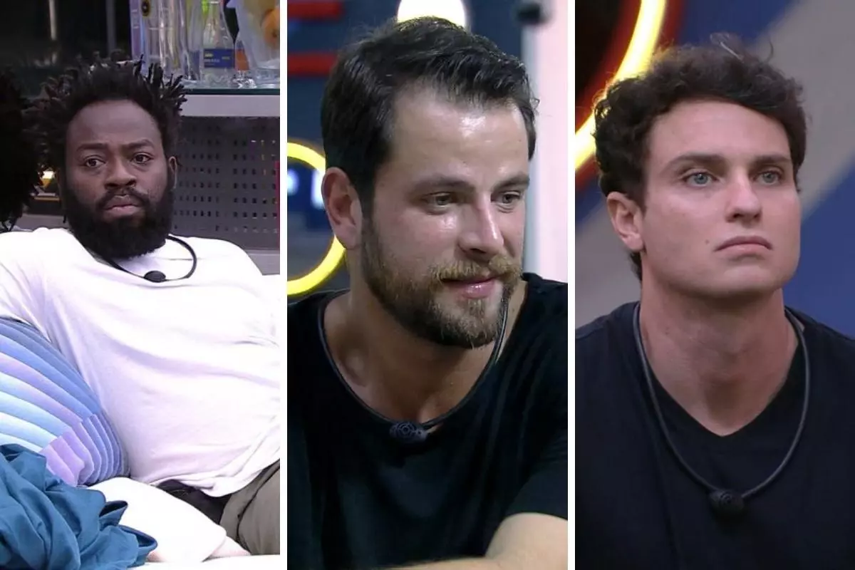 Douglas, Gustavo e Lucas durante exibição do BBB22