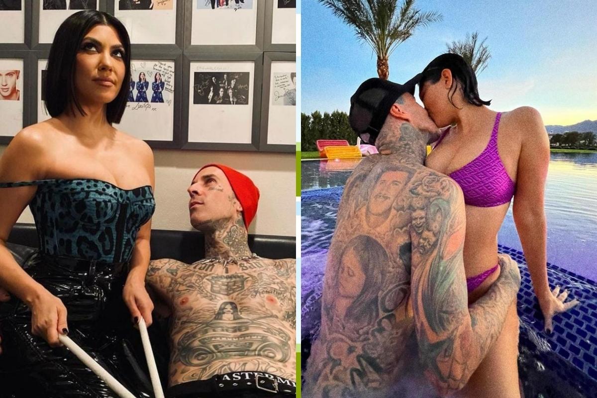 Kourtney Kardashian e Travis Barker posando para foto e curtindo piscina aos beijos