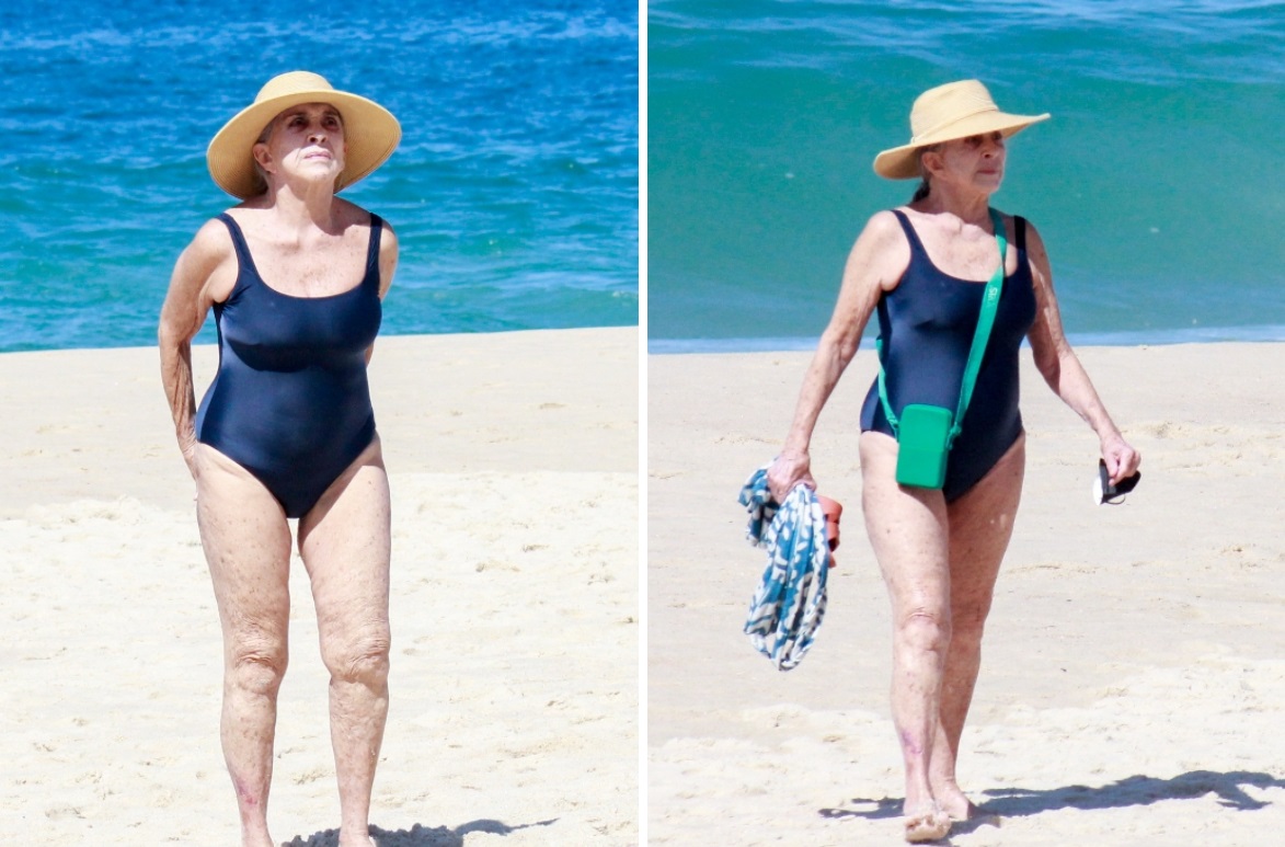 Betty Faria vai à praia de maiô no Rio de Janeiro