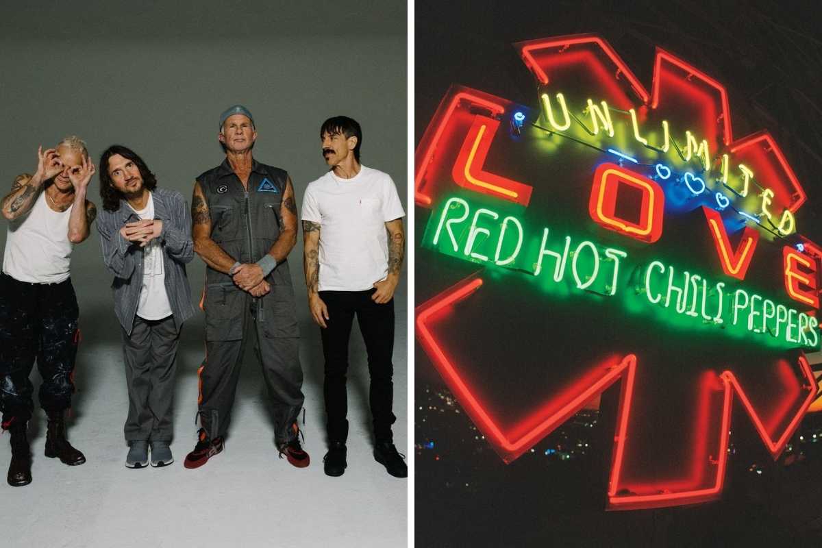 fotomontagem de membros da banda red hot chili peppers reunidos e capa do album unlimited love