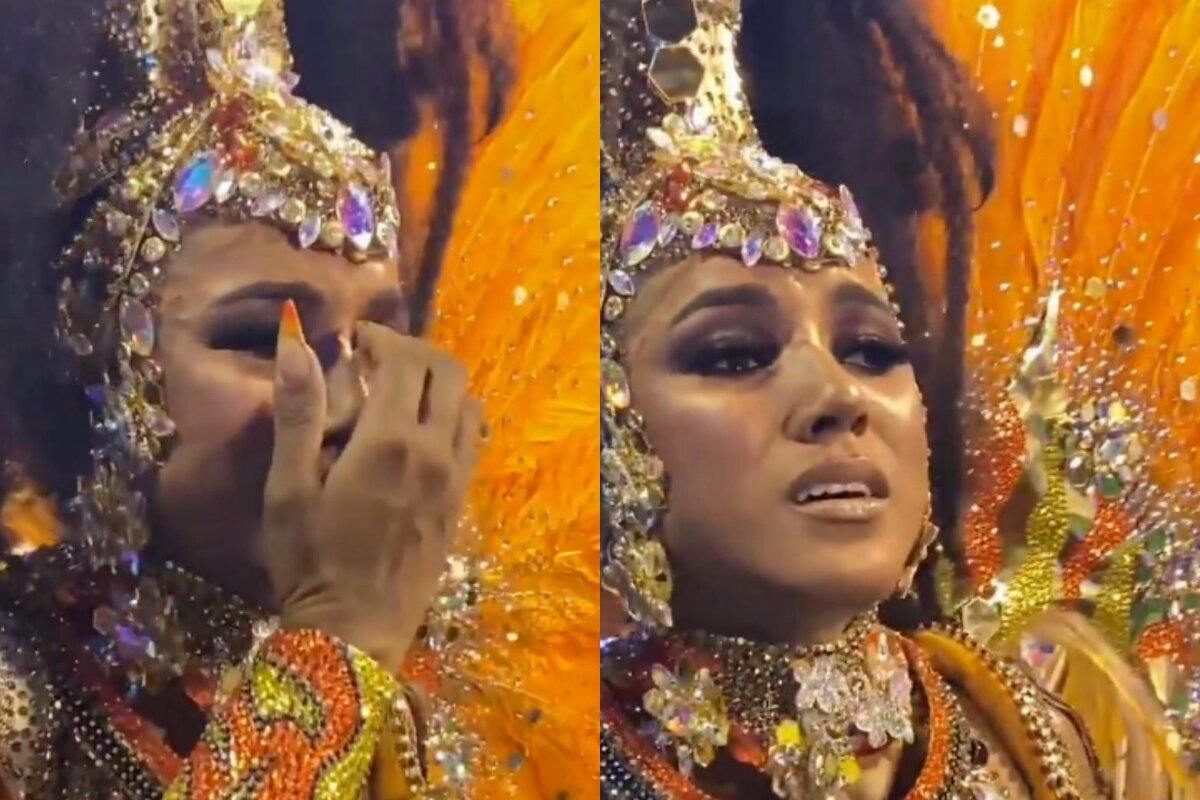 Mayara Lima chorando no desfile do Tuiuti