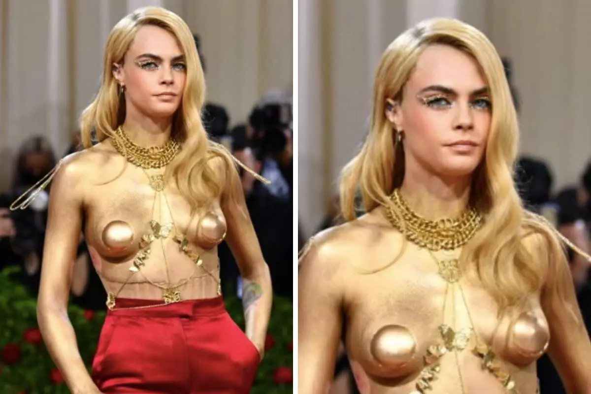 Cara Delevigne ousa no MET Gala de top less e corpo dourado - OFuxico