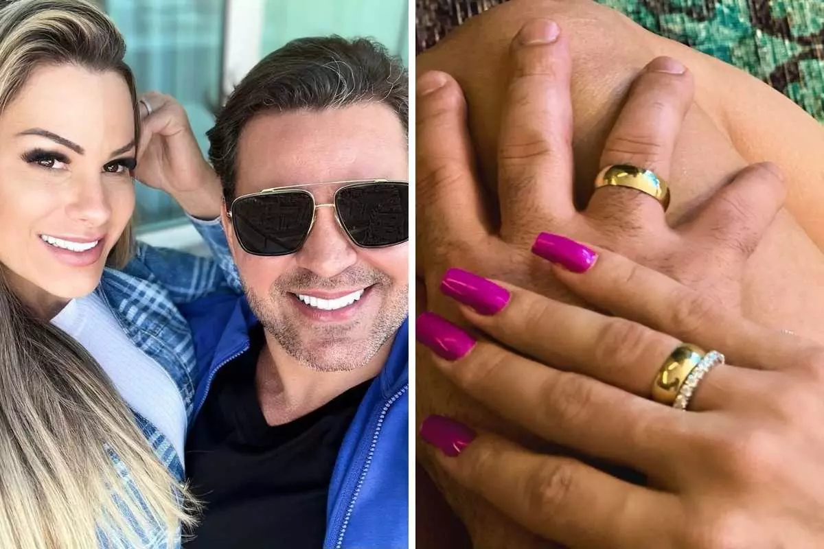 fotomontagem de mariana polastreli no colo de eduardo costa e das alianças de noivado do casal