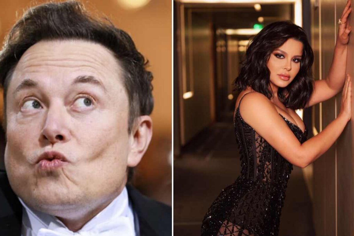 Elon Musk fazendo bico e Maraísa com as mãos na parede, de vestido preto