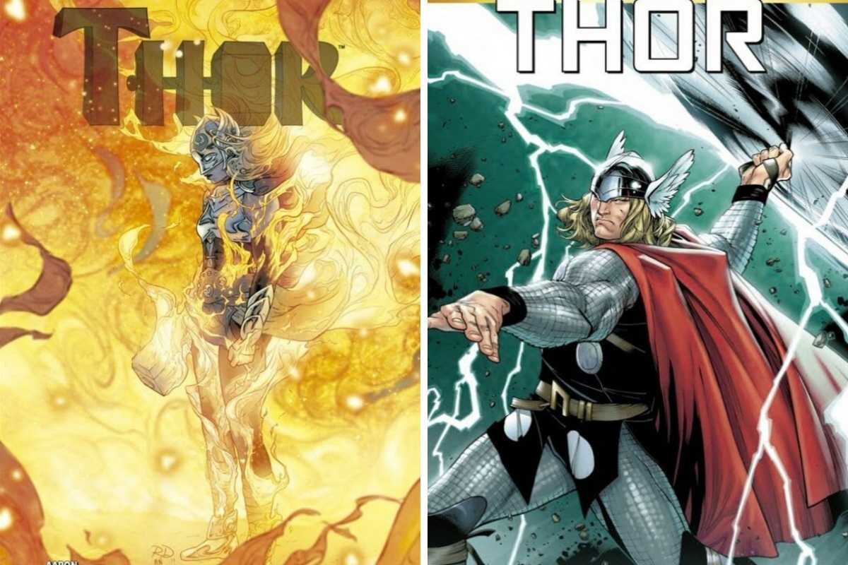 fotomontagem com a capa dos quadrinhos thor - vol. 6: a morte de thor e de thor: o renascer dos deuses