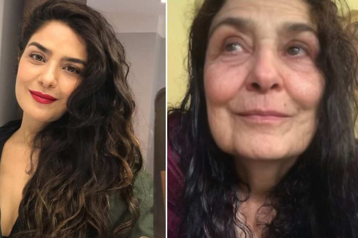 Letícia Sabatella com o rosto normal e com filtro de envelhecimento