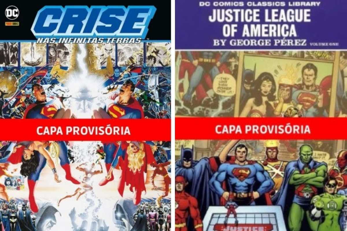 Fotomontagem com Capa da Liga da Justiça de George Pérez e Capa de Crise nas Infinitas Terras