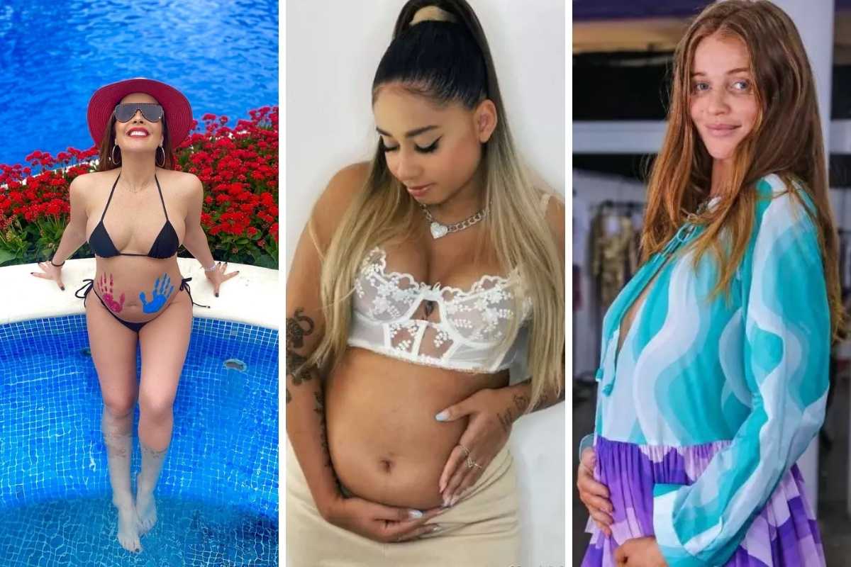 Fotomontagem com imagens de Renata Dominguez, MC Loma e Cintia Dicker com barrigas de grávida