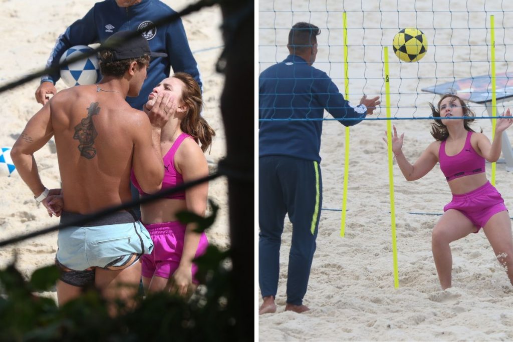 Larissa Manoela e André Luiz Frambach na praia da Barra da Tijuca