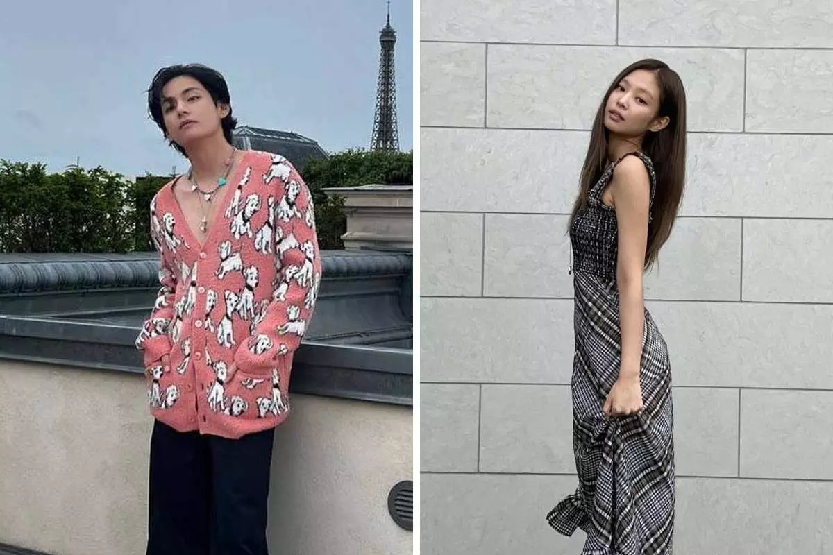 V, do BTS, e Jennie, do Blackpink, posando para fotos