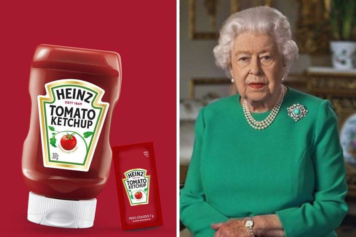 fotomontagem de arte do ketchup heinz e da rainha elizabeth ii posando com look verde
