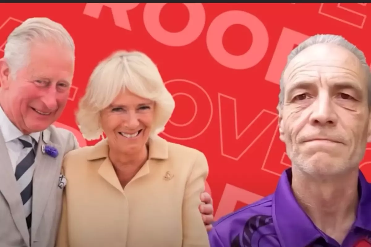 fotomontagem com rei charles iii, camila parker bowles e simon dorante day